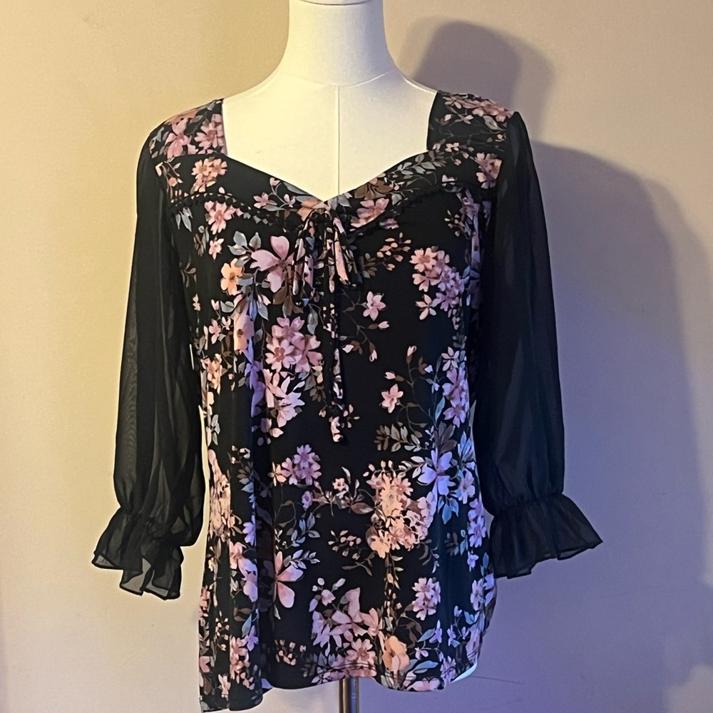 Like New Adele & May Floral Mesh Blouse with Ruffle Sleeve